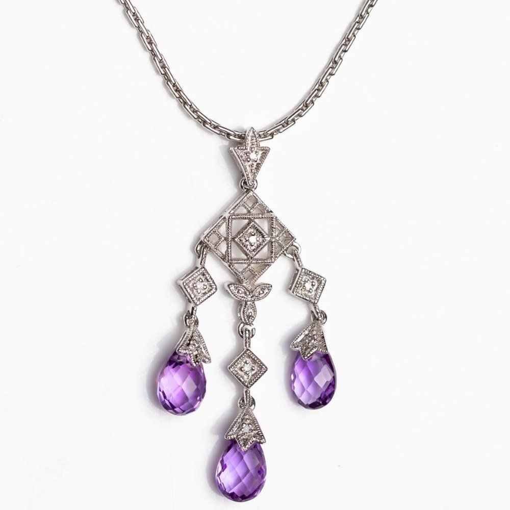 14K White Gold Amethyst Chandelier Necklace With Diamond Accents